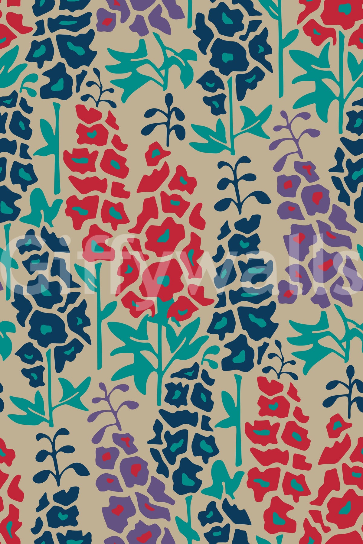 Delphinium Garden Retro Summer Floral Navy Blue Red Purple Wallpaper⁠