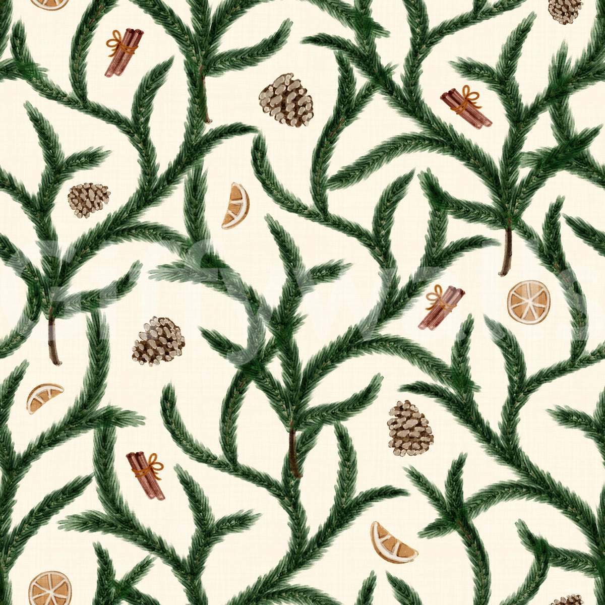 Watercolor Trellis Pine Branches with Oranges Cinnamon & Pine Cones Wallpaper⁠