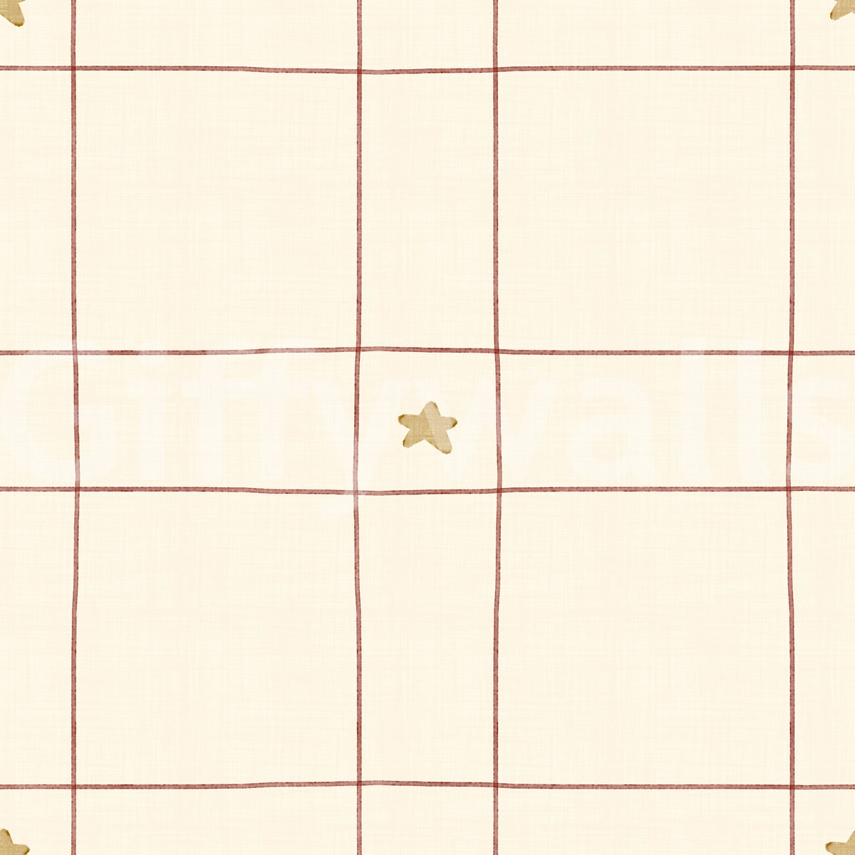 Minimalist Holiday Windowpane Plaid Hand Drawn Stars - Cranberry Red Wallpaper⁠