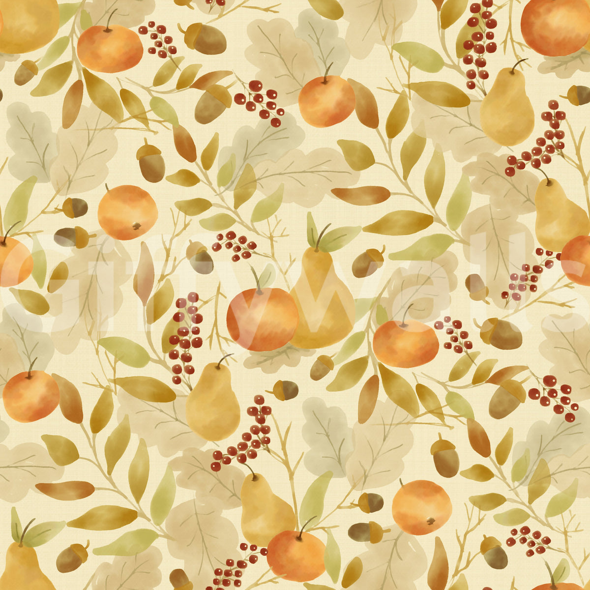 Watercolor Autumn Fruit Leaves Olive Sage Green Harvest Pattern Wallpaper⁠