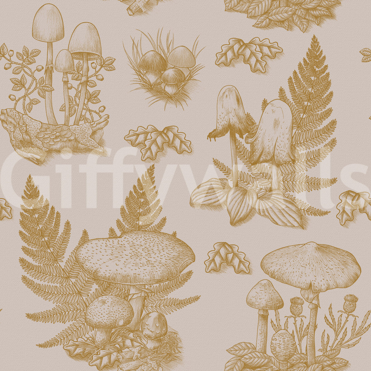 Mushroom - Autumnal Toile de jouy -  Gold Wallpaper⁠