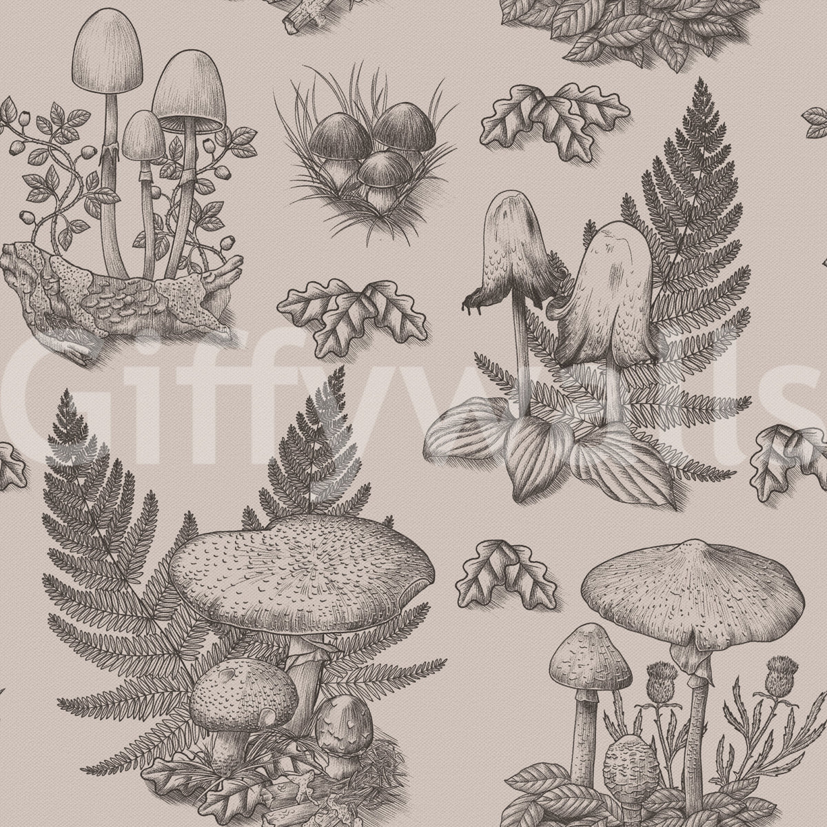 Mushroom - Autumnal Toile de jouy - Sepia Wallpaper⁠