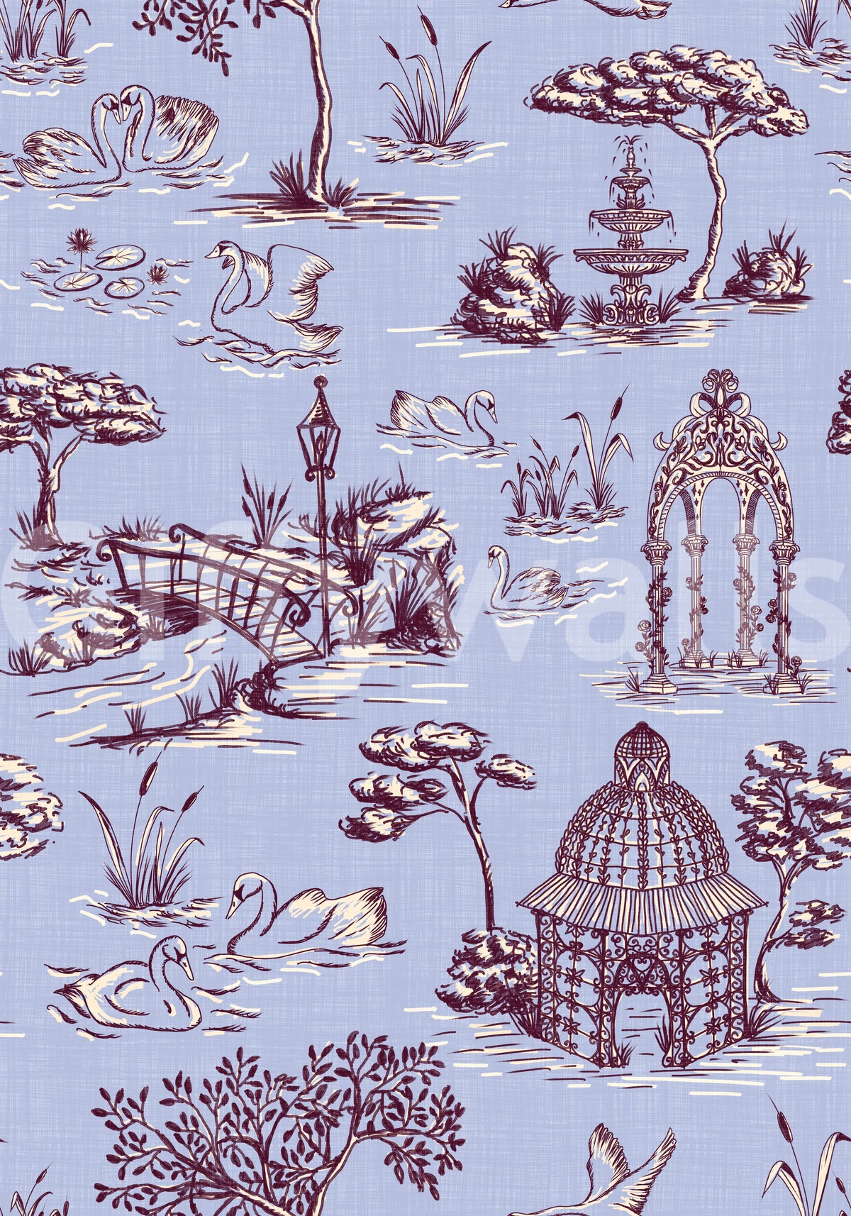 Modern Toile de Jouy Swan Victorian Garden Scenery - Warm & Cool Contrast Wallpaper⁠
