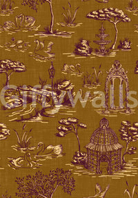 Modern Toile de Jouy Swan Victorian Garden Scenery - Regal Gilded Warmth Wallpaper⁠