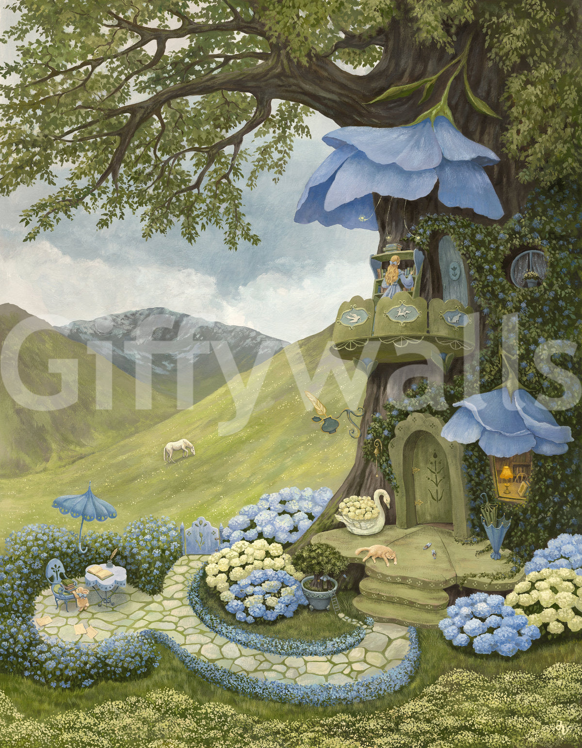 Enchanted Blue Flower Treehouse Wall Mural