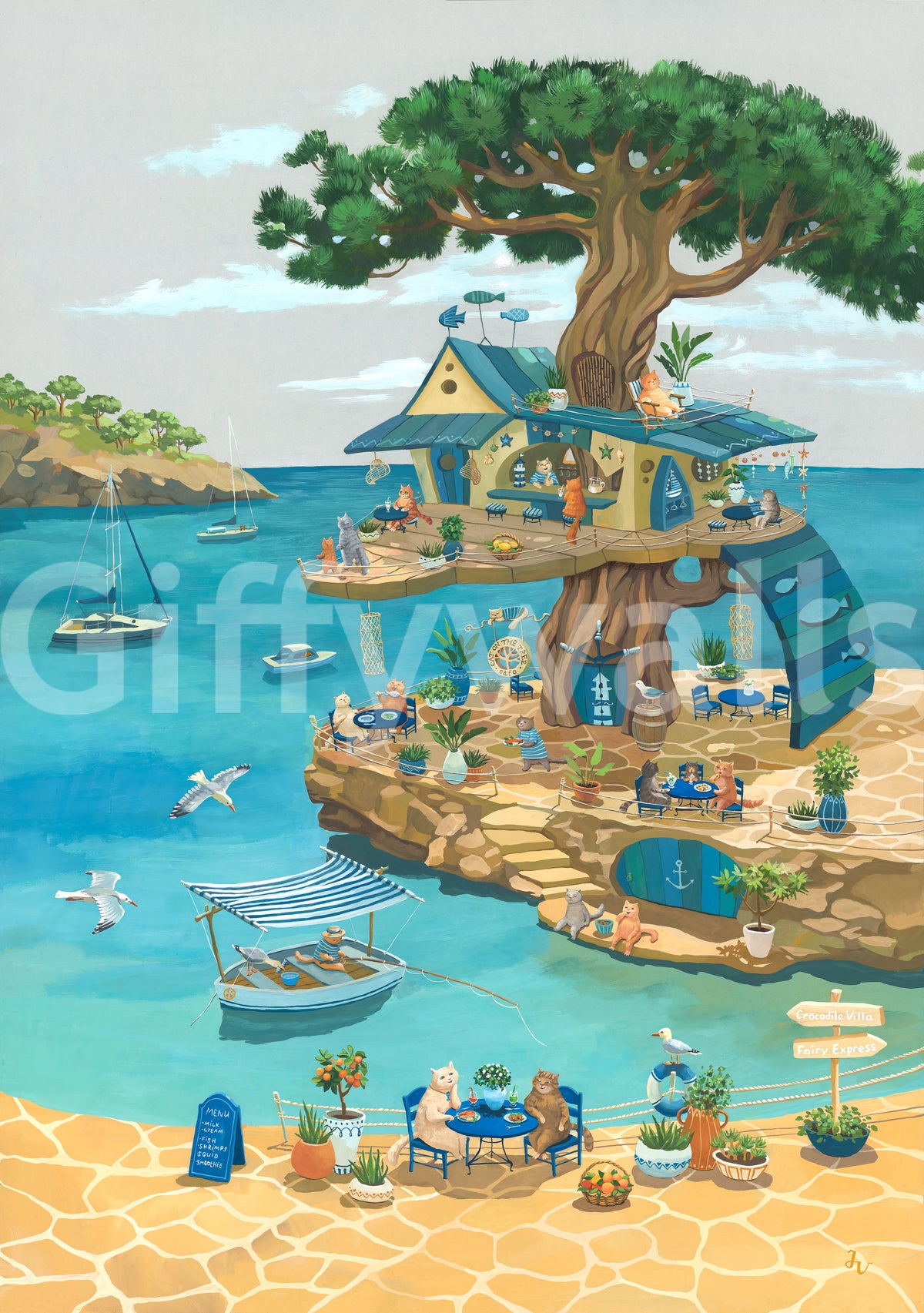 Coastal Cat Cafe Treehouse Scene Wall Mural