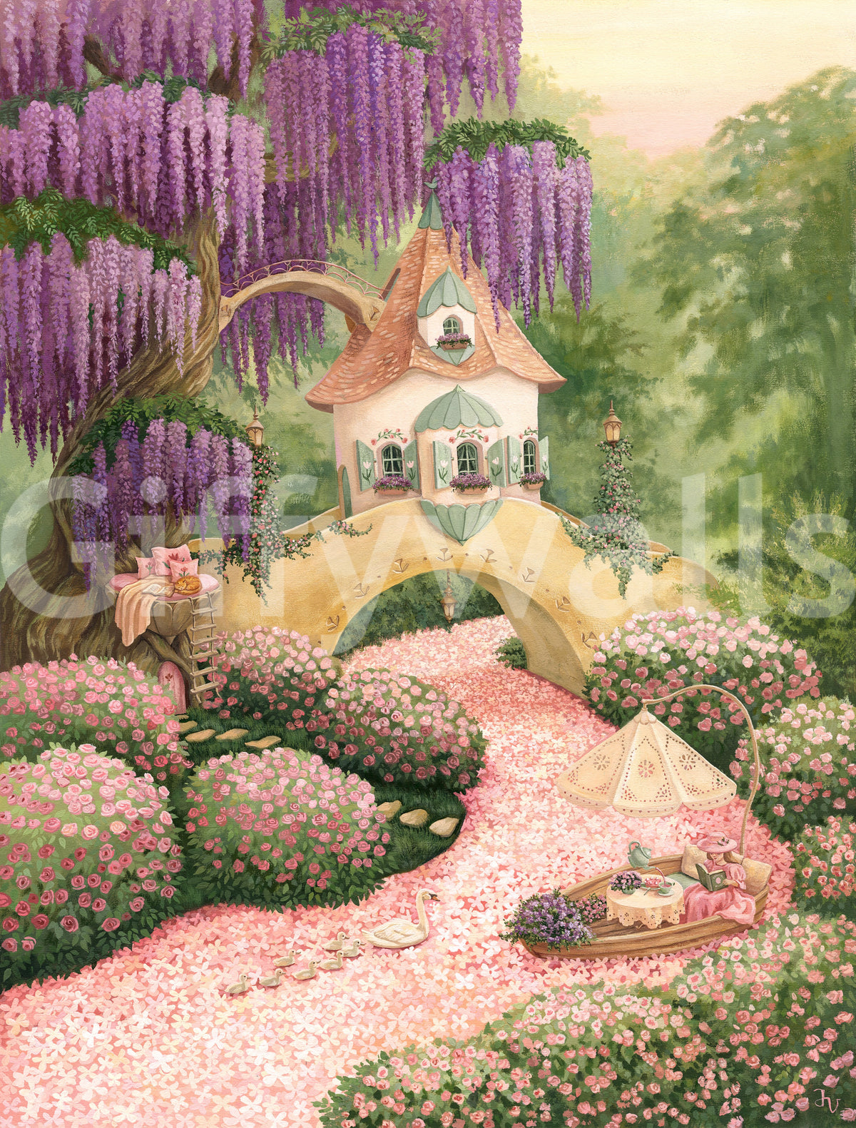 Enchanted Wisteria Garden Cottage Wall Mural