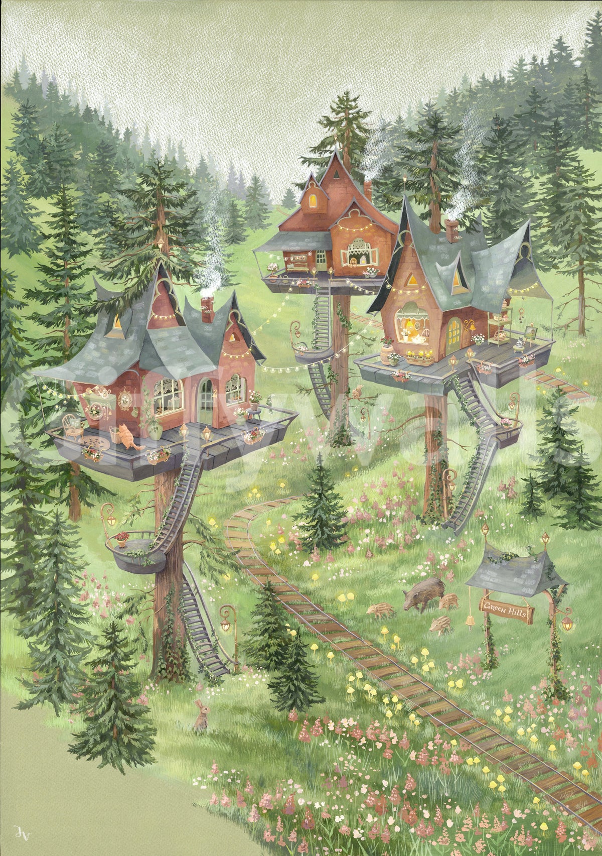 Whimsical Woodland Treehouse Village Scene Wall Mural