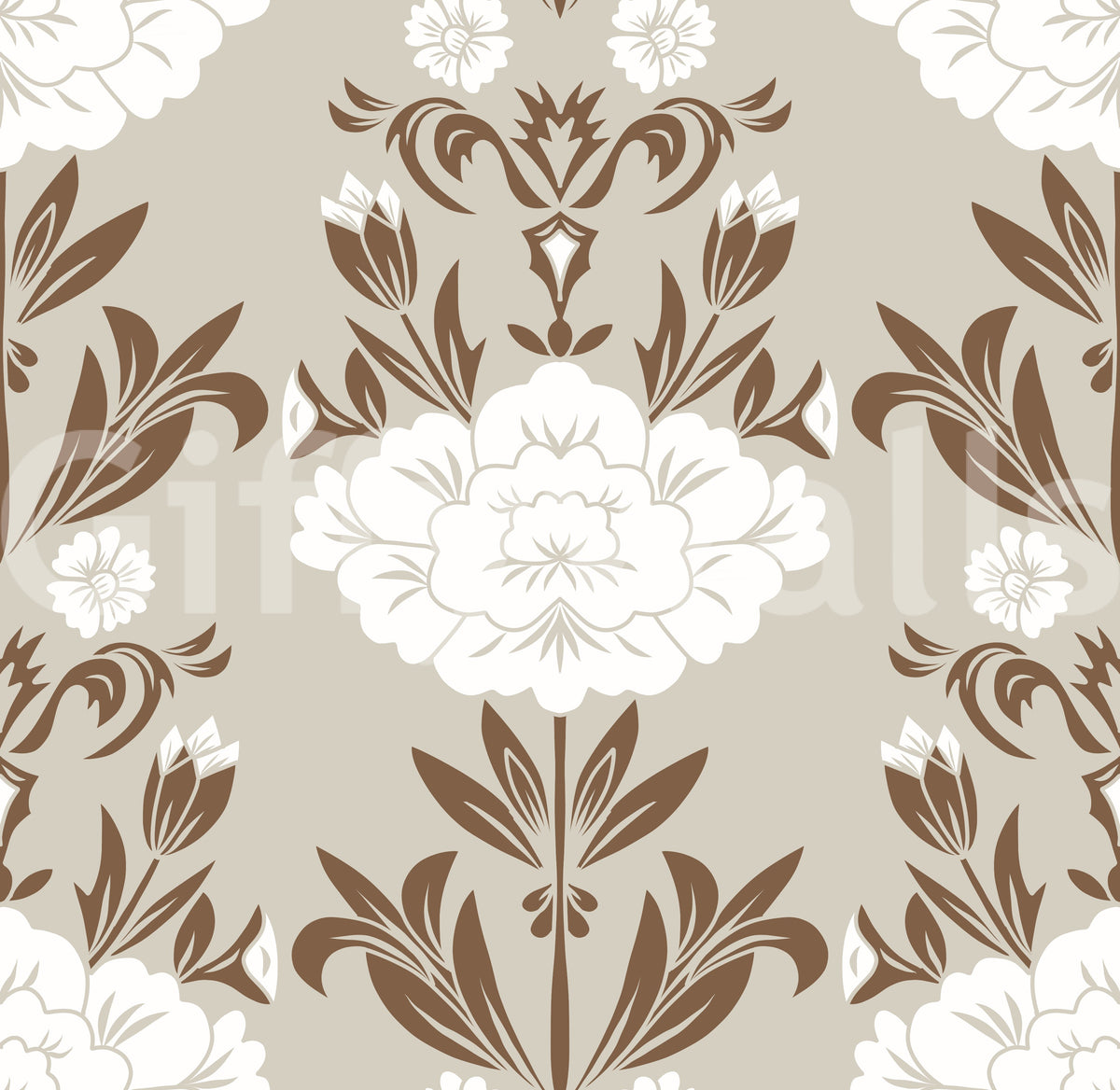 Cream and Brown Floral Damask Wallpaper⁠