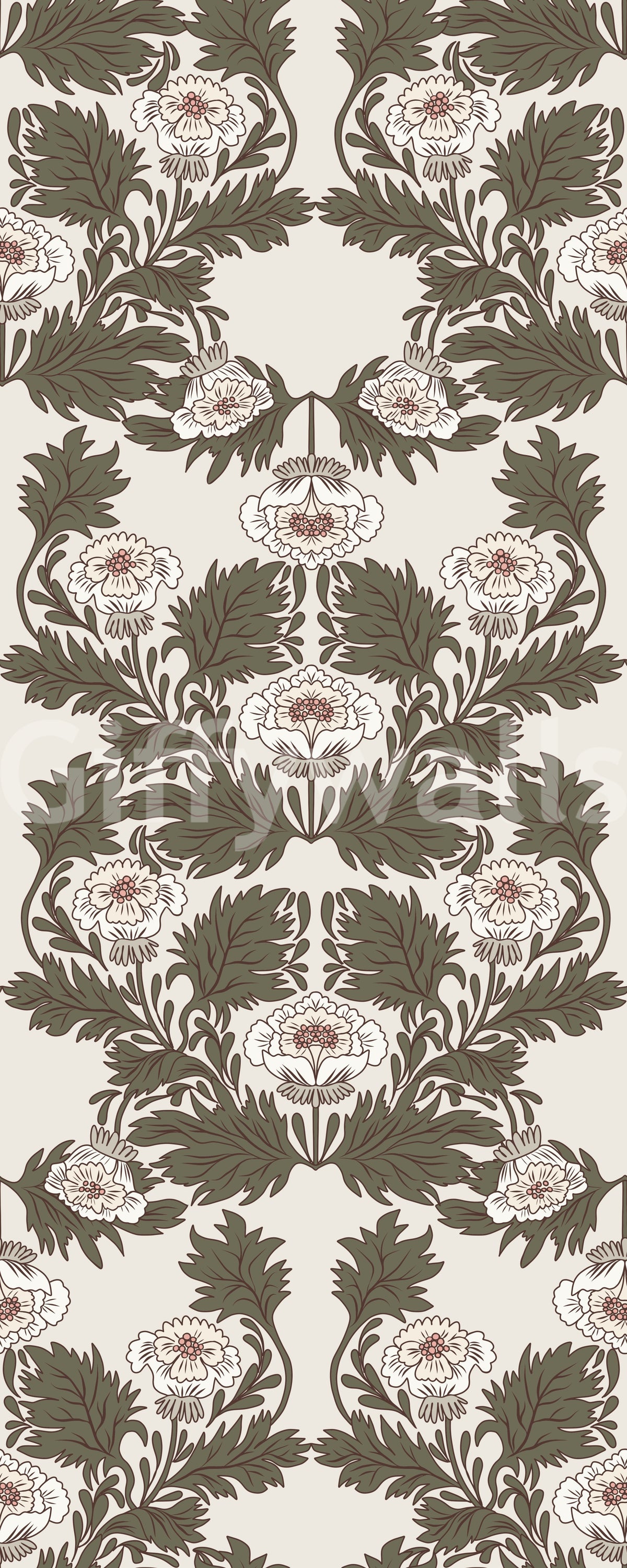 Symmetrical Sage Foliage and Peony Illustration Wallpaper⁠