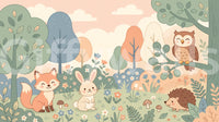 Friendly Woodland Creatures in Soft Pastel Forest Wall Mural