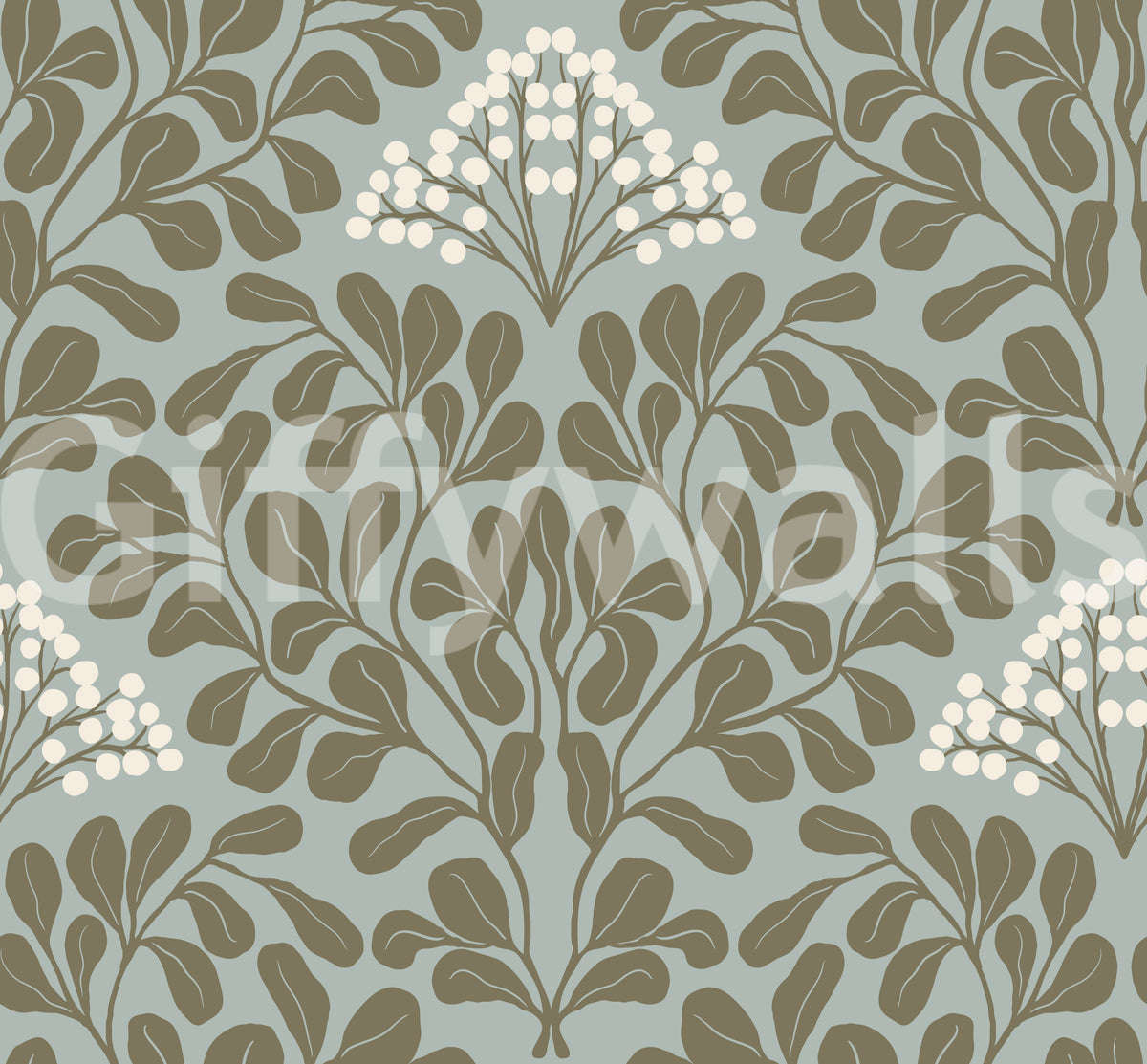 Minimalist Sage Leaf and Berry Pattern Wallpaper⁠