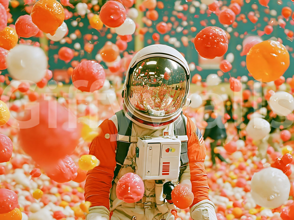 Astronaut Amidst Floating Orbs Wall Mural