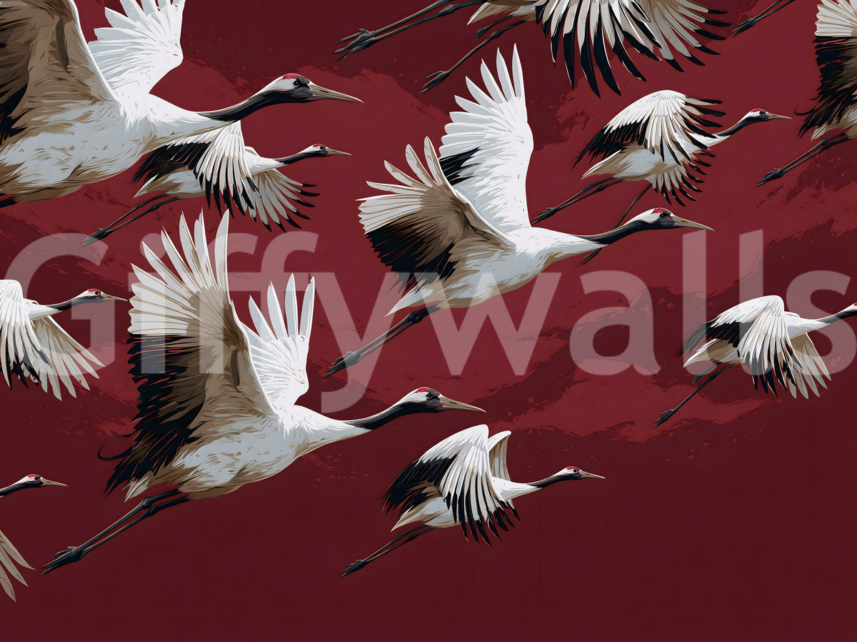 Crimson Flight of Cranes Wall Mural
