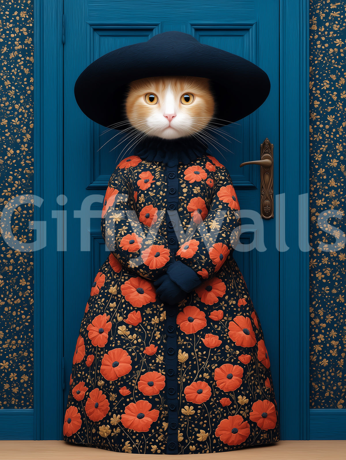 Royal Feline in Poppy Print Attire Wall Mural