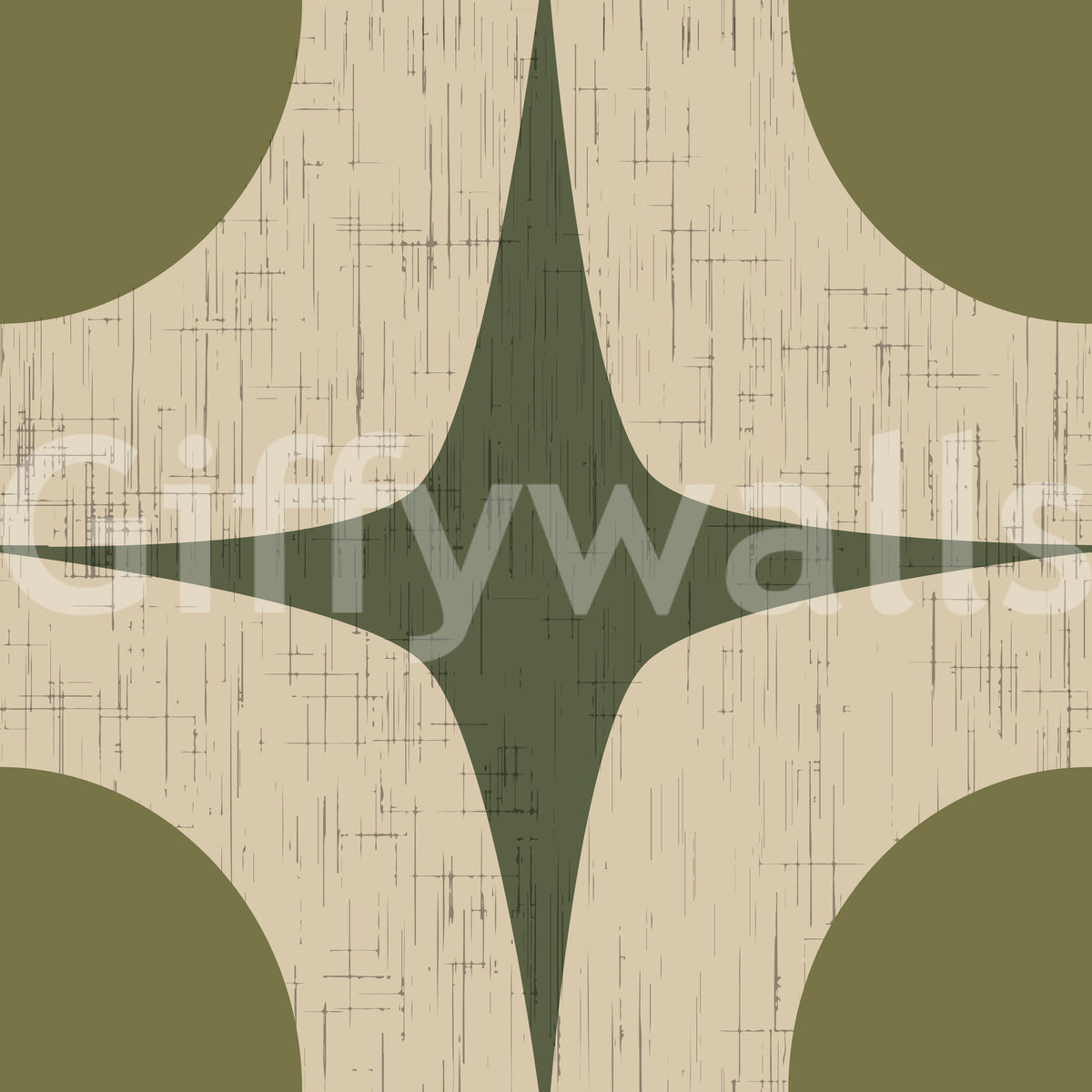 Olive Green Mid Century Starburst Wallpaper Vintage Geometric Wallpaper⁠