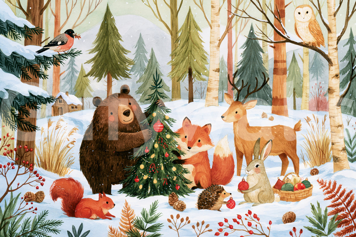 Winter Forest Friends Festive Christmas Celebration Wall Mural