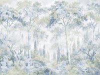 Close view of icy blue forest mural with cypress trees and misty path GD14181