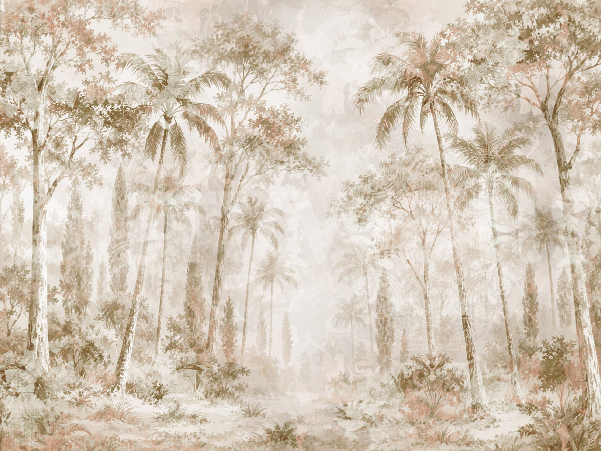 Close view of sepia jungle mural with misty palms and cypress trees GD14184