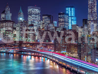 Close-up of new york wallpaper swatch with neon towers and river reflections GD14205
