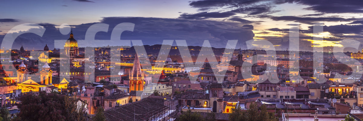 Close-up of rome wallpaper swatch with lit spire, rooftops and purple clouds GD14206