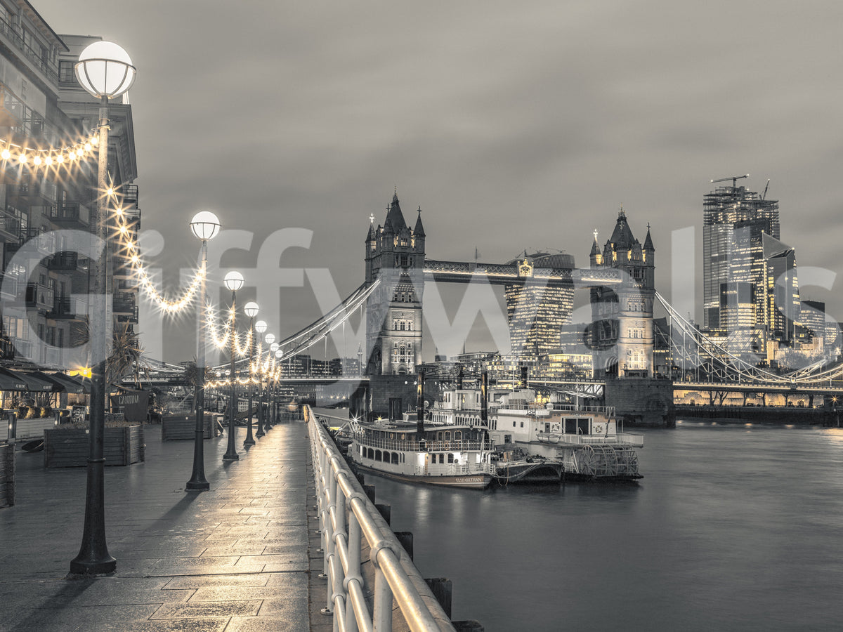 London wallpaper swatch of Tower Bridge, globe lamps and moored paddle steamers GD14214