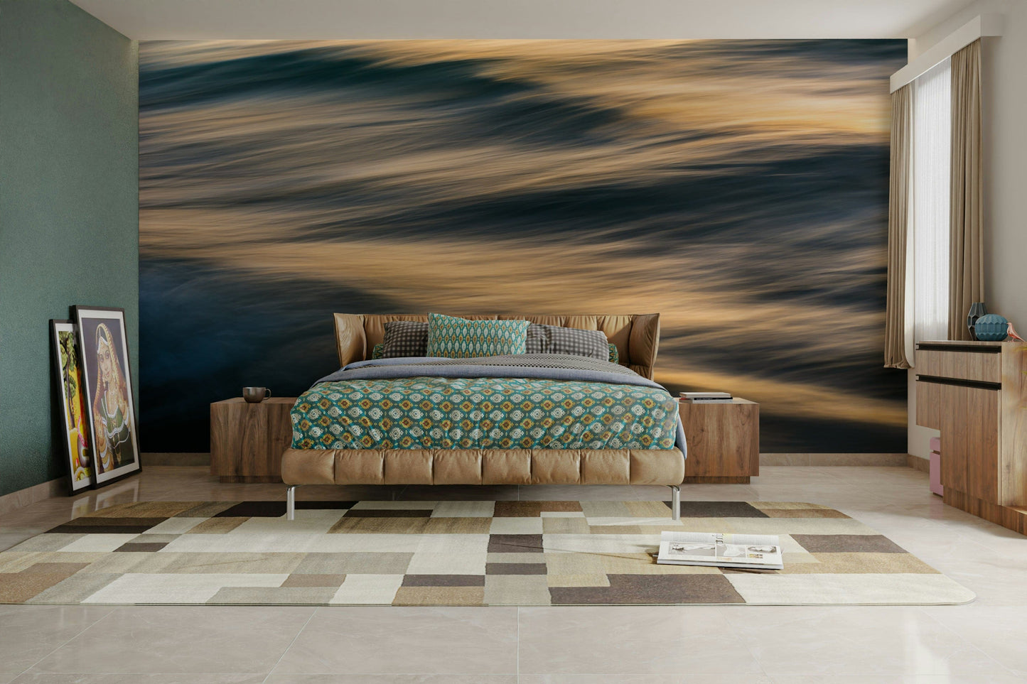 An artistic coastal scene mural on minimalist wallpaper.

