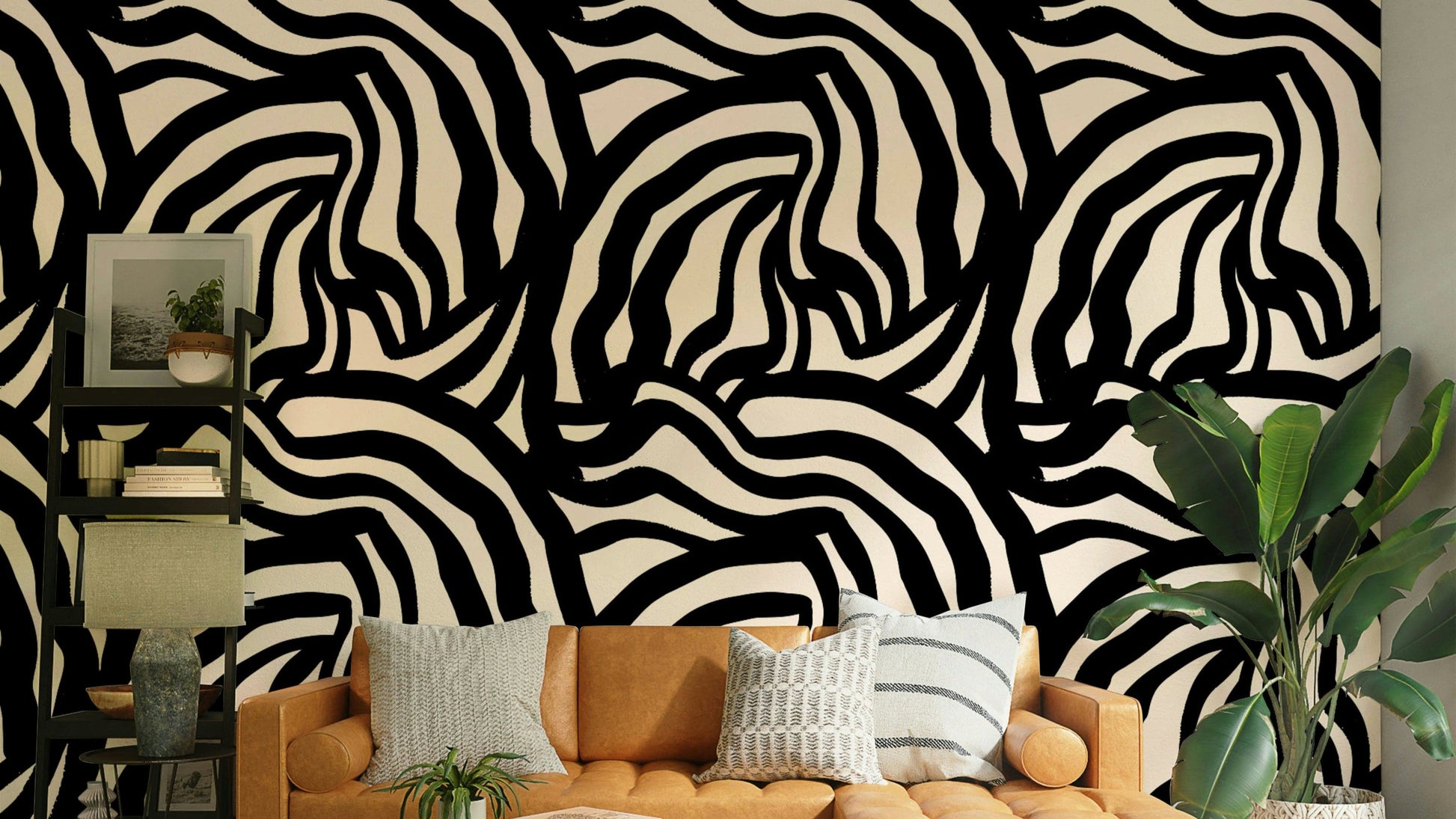 The image features abstract, wavy black lines that run vertically across the wall.

