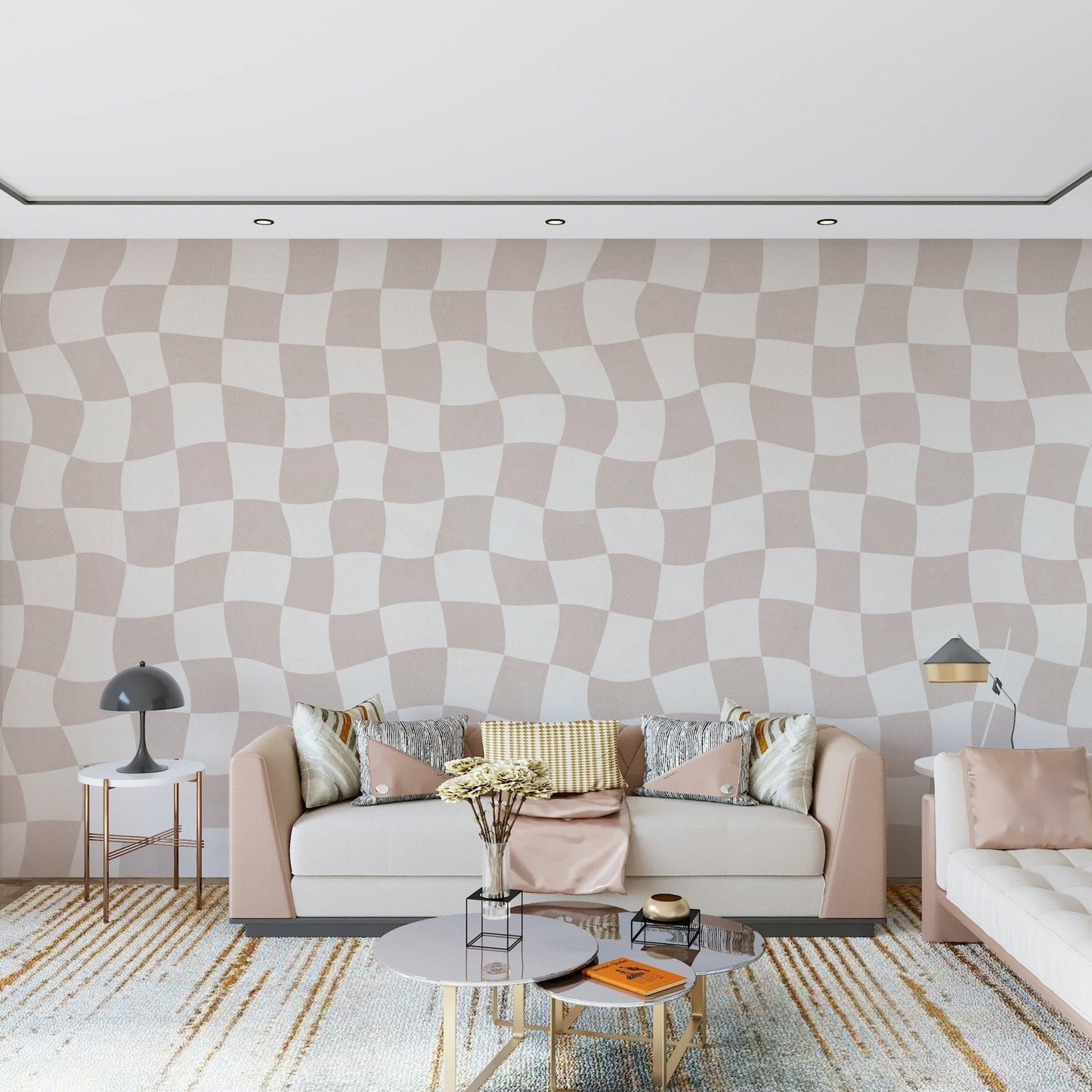 Relaxed Wavy Checkered Dream checkerboard soft monochromatic aesthetic.