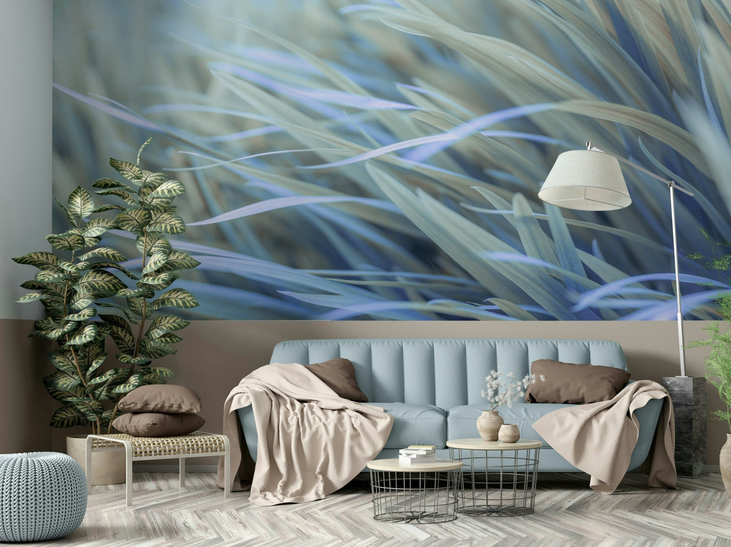Gentle wavy grass wall mural in shades of blue and green

