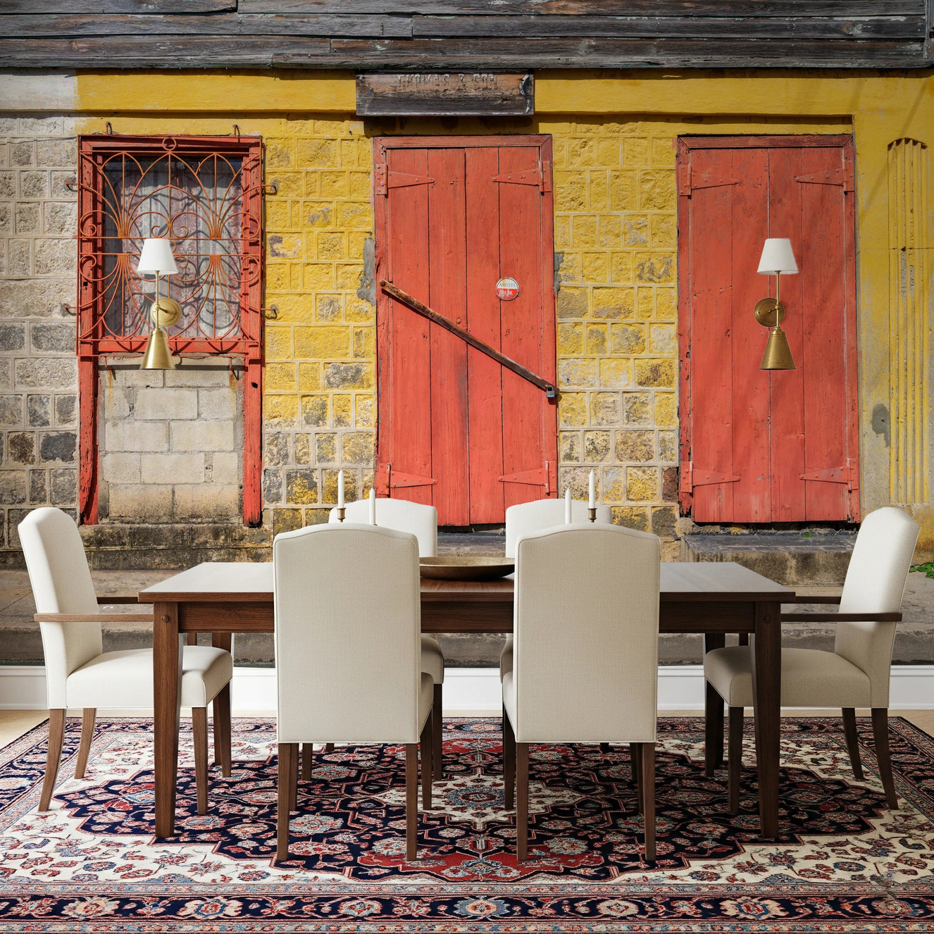 Rustic yellow facade featuring a distressed brick wall mural for dining room wall design