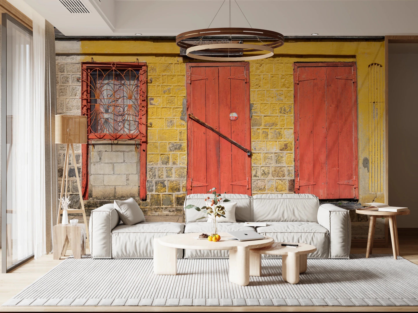 Distressed yellow and red exterior wall mural for unique home decor