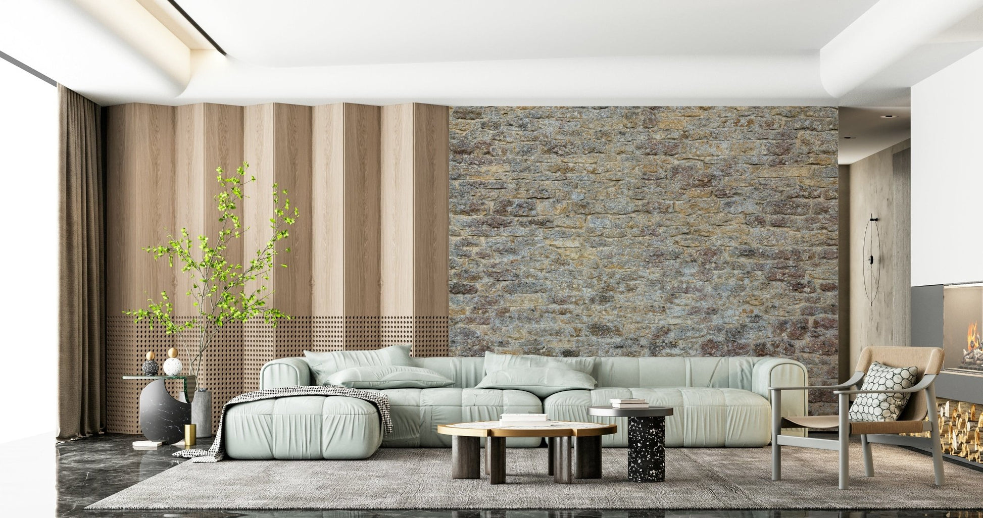 Vintage Weathered Stone Brick mural, rustic home wall decor.