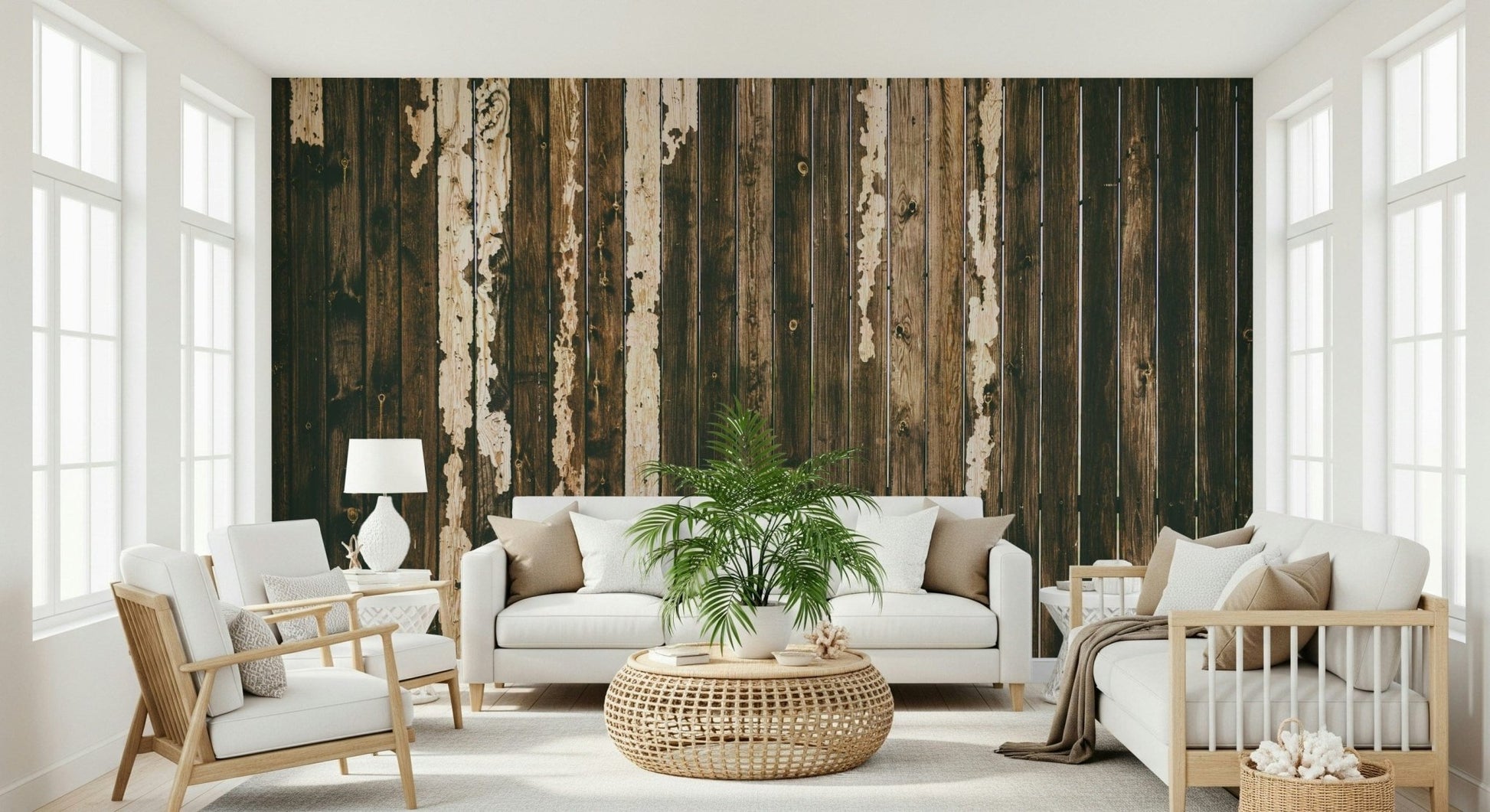 Decorative wall mural featuring layered weathered wood planks for cozy, rustic interior appeal.