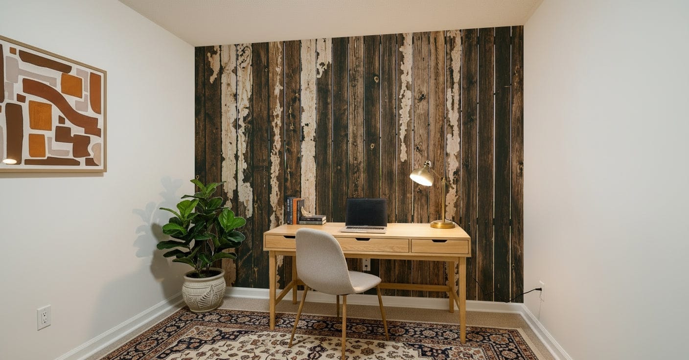 Weathered Wood wallpaper mural of dark peeling plank boards behind a wood desk in a small home office