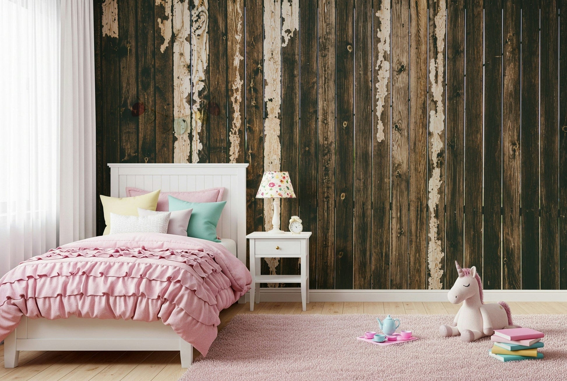 Rustic weathered wood wallpaper mural combining layered textures and earthy tones for timeless interiors.