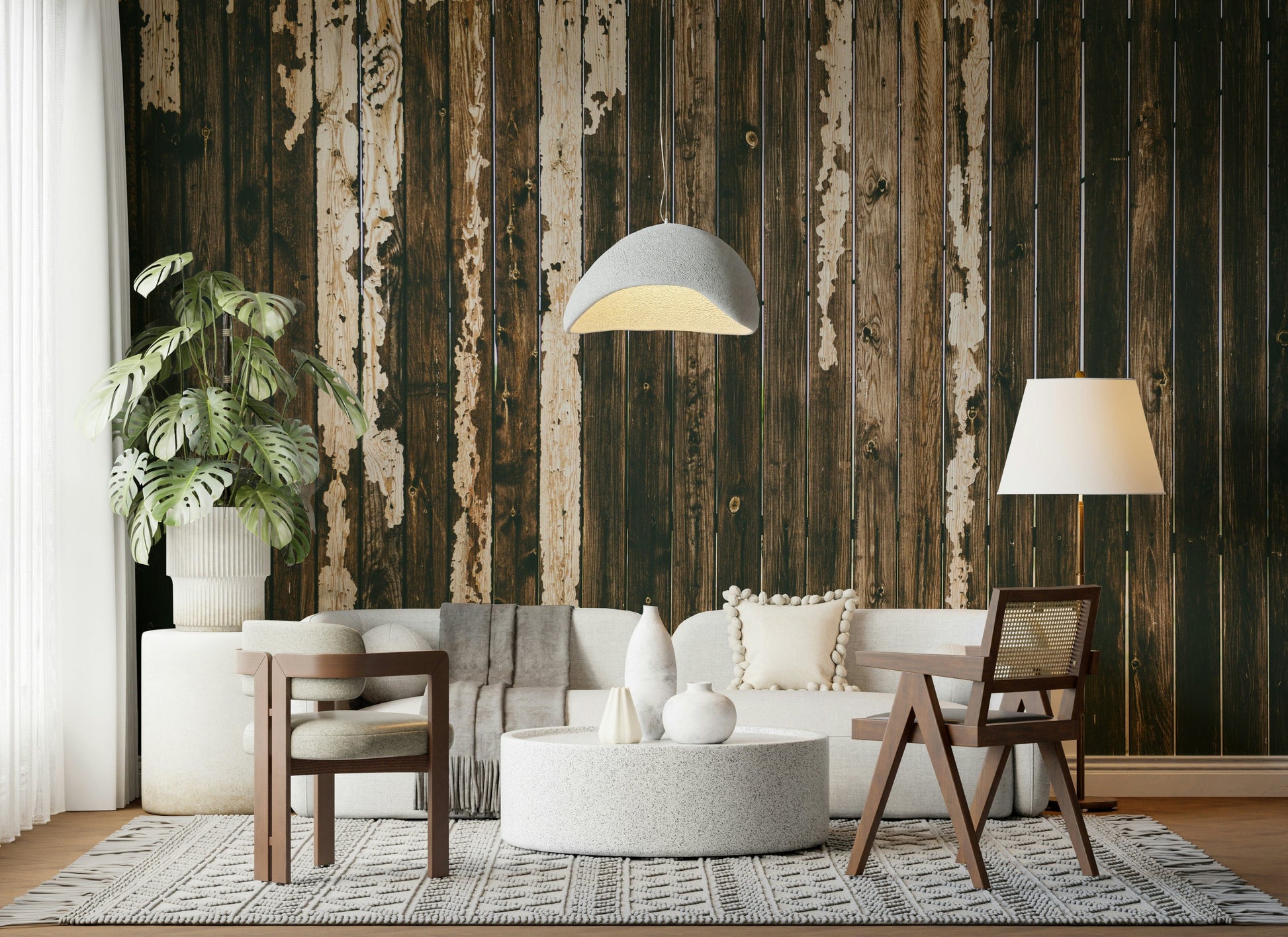 Textured wooden wall mural with distressed surfaces for vintage, industrial, or farmhouse-style interiors.