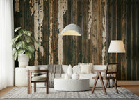 Textured wooden wall mural with distressed surfaces for vintage, industrial, or farmhouse-style interiors.