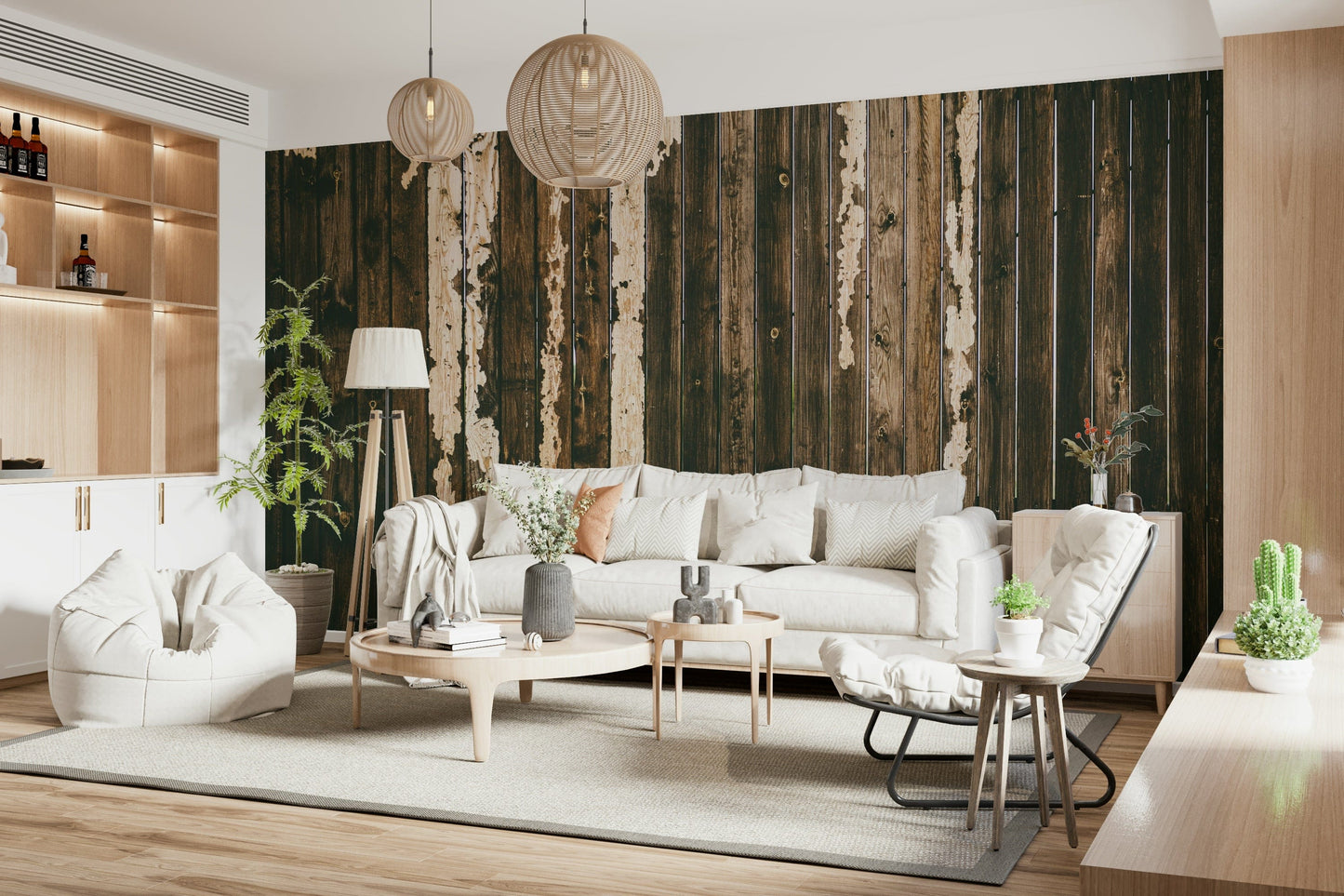 Weathered wood texture mural with natural imperfections and warm earthy tones for authentic charm.