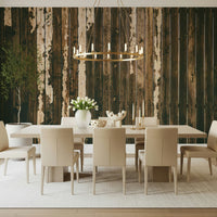 Textured wall mural with distressed wood panels adding vintage charm and warmth to living spaces.
