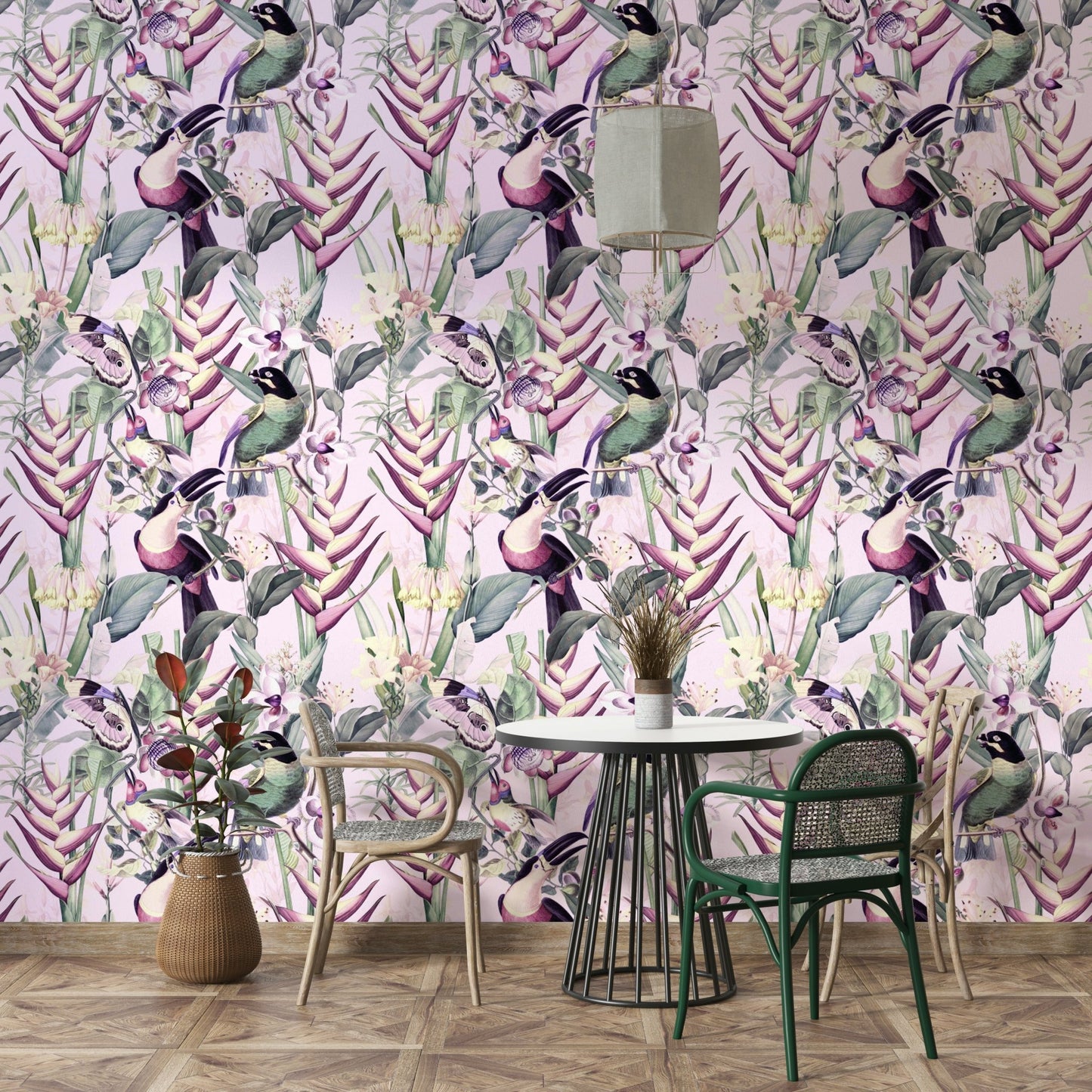 Jungle wallpaper featuring lush green leaves and animals

