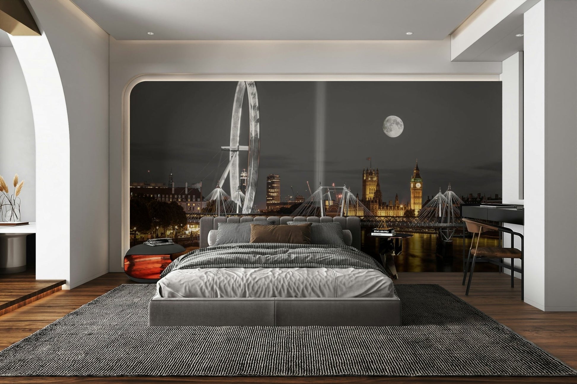 Nighttime cityscape mural with Westminster Abbey and bridge

