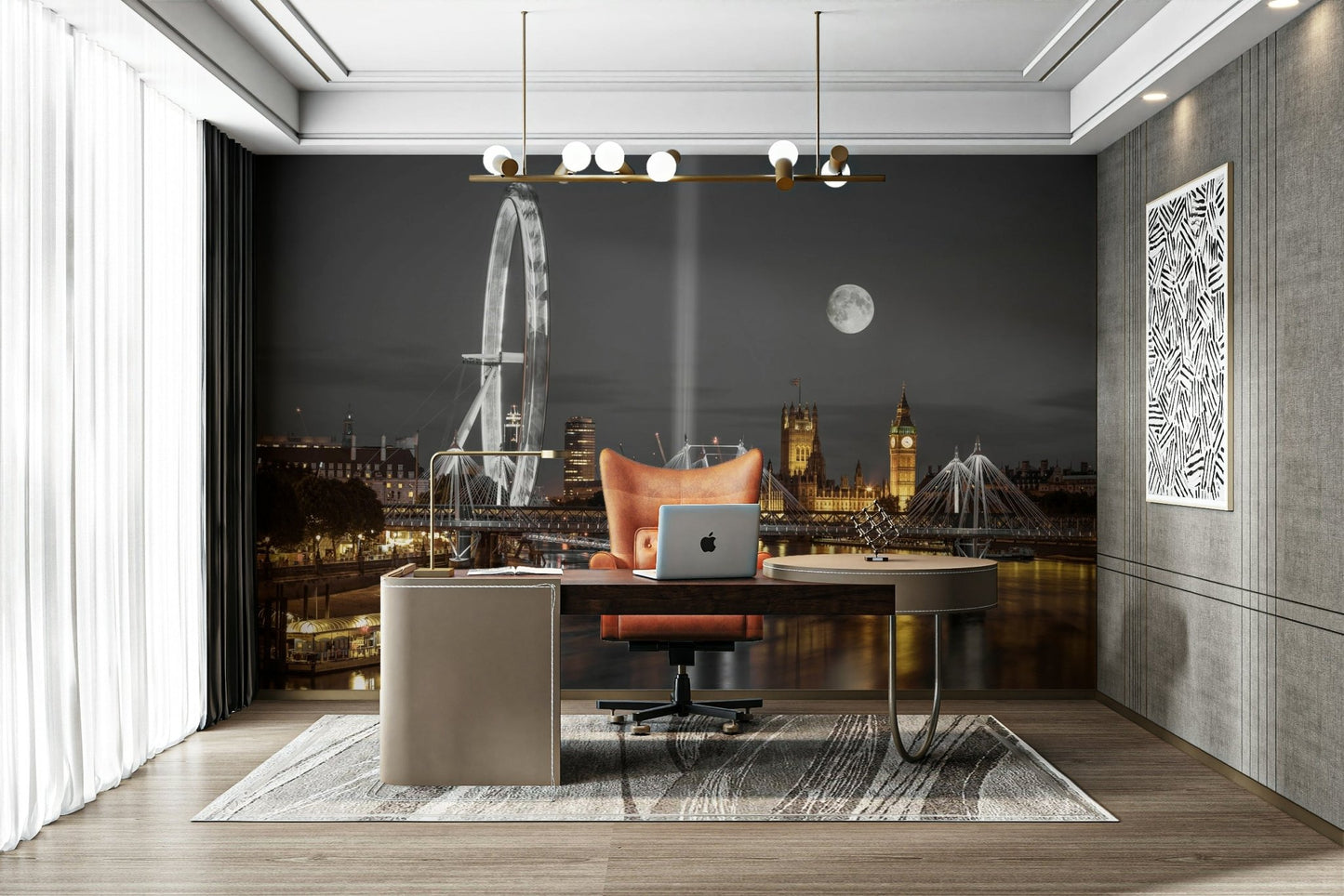 Nighttime urban landscape mural with illuminated bridges for a sophisticated office feature wall

