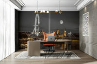 Nighttime urban landscape mural with illuminated bridges for a sophisticated office feature wall


