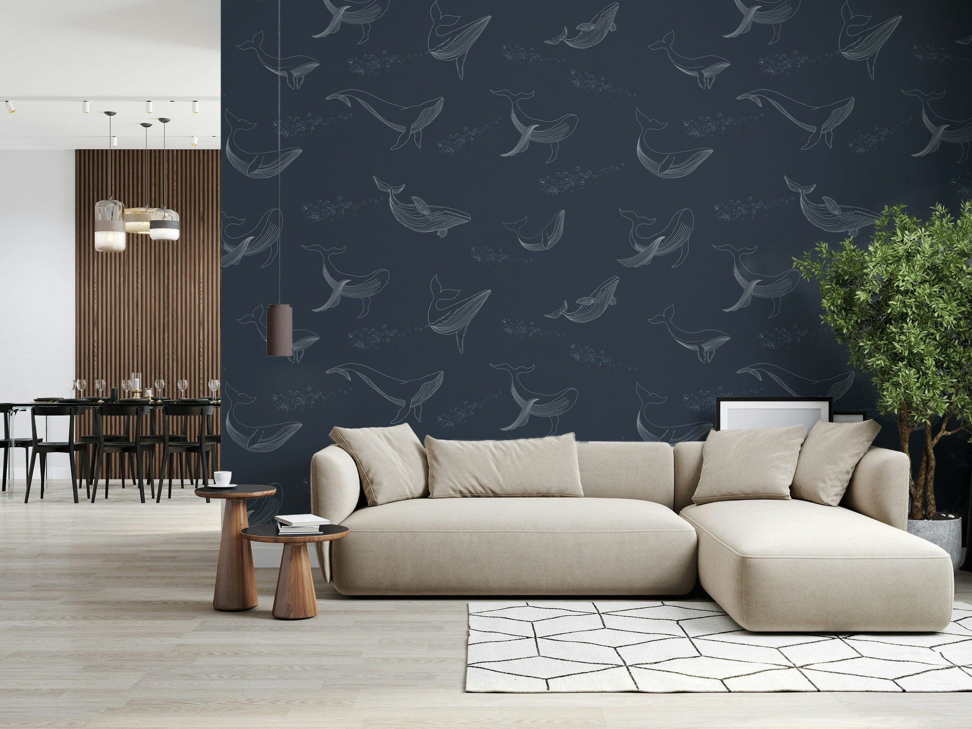 Navy blue whale wallpaper in a contemporary child's playroom.