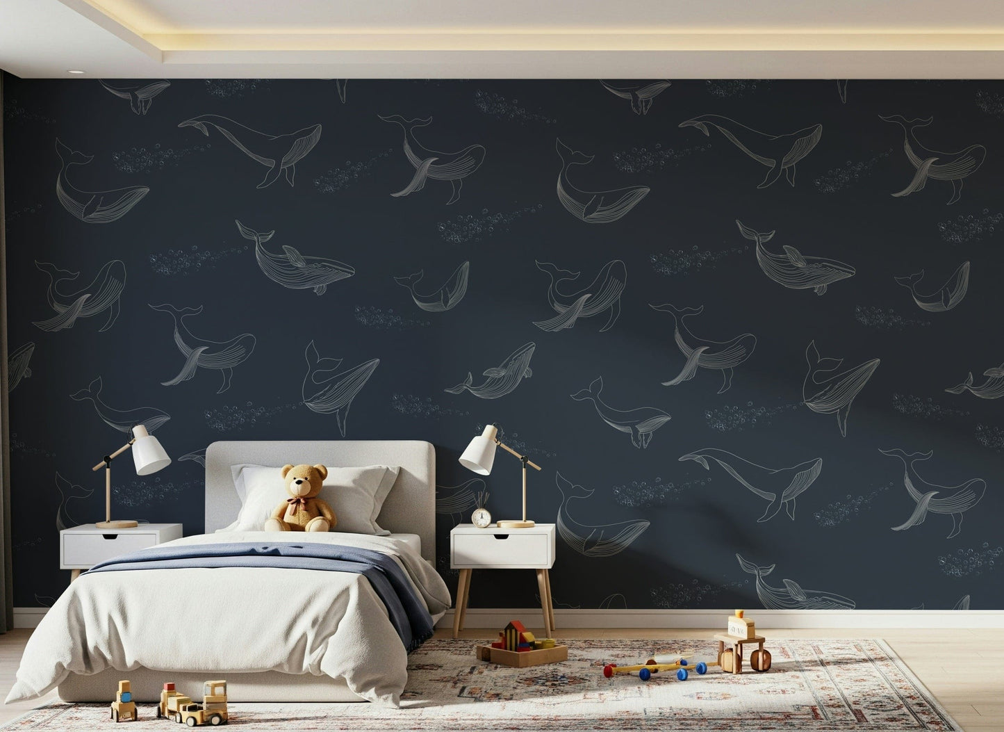 Whale Song Serenade design on a large feature wall in a dining area.