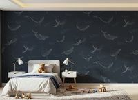 Whale Song Serenade design on a large feature wall in a dining area.