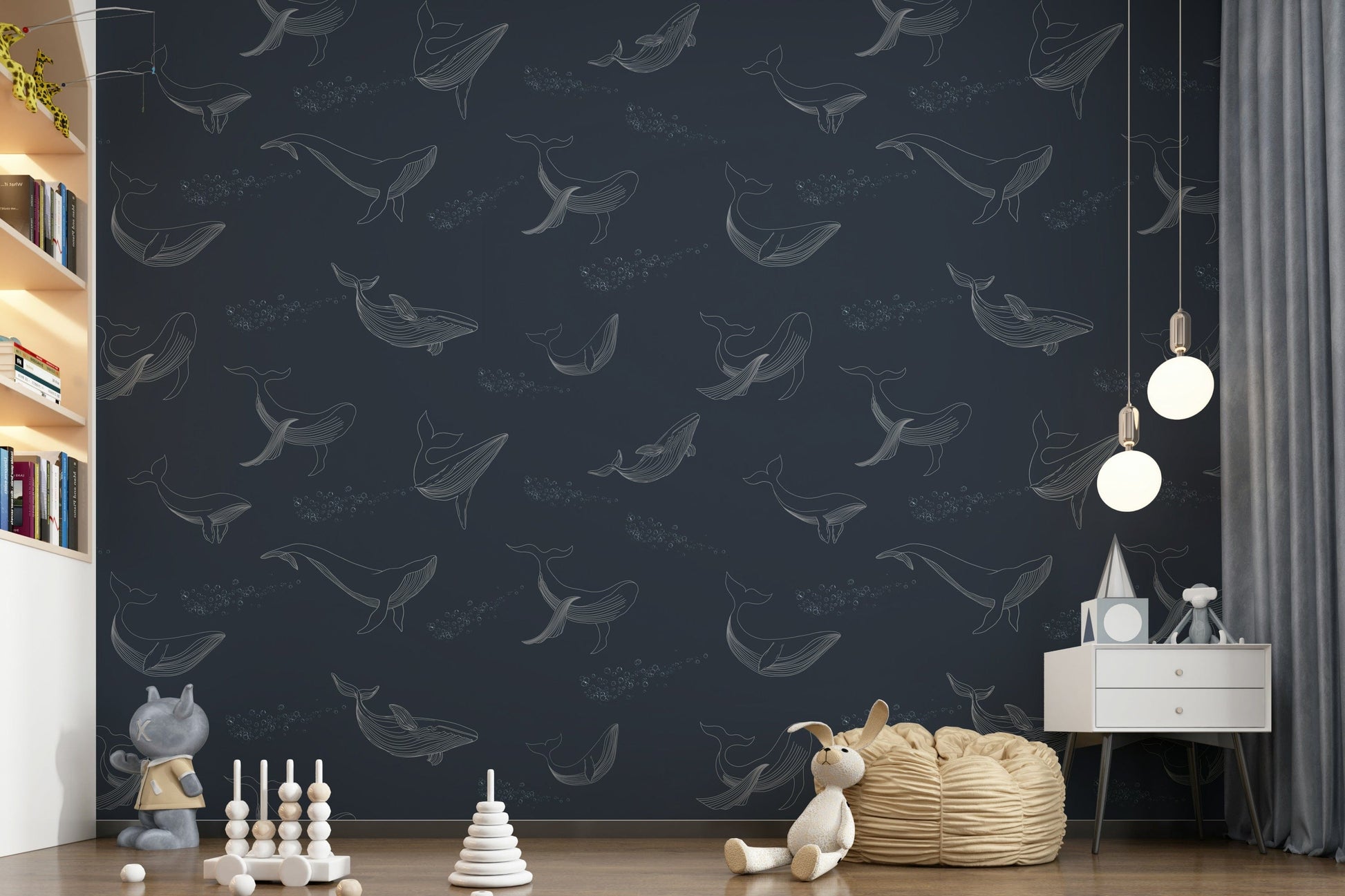 Artistic sea life wall art for a bathroom with modern fixtures.
