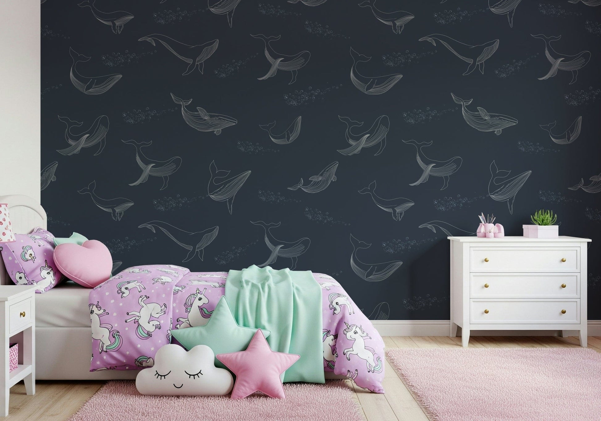 Whale Song Serenade Wall Mural featuring a blue whale in a modern nursery.