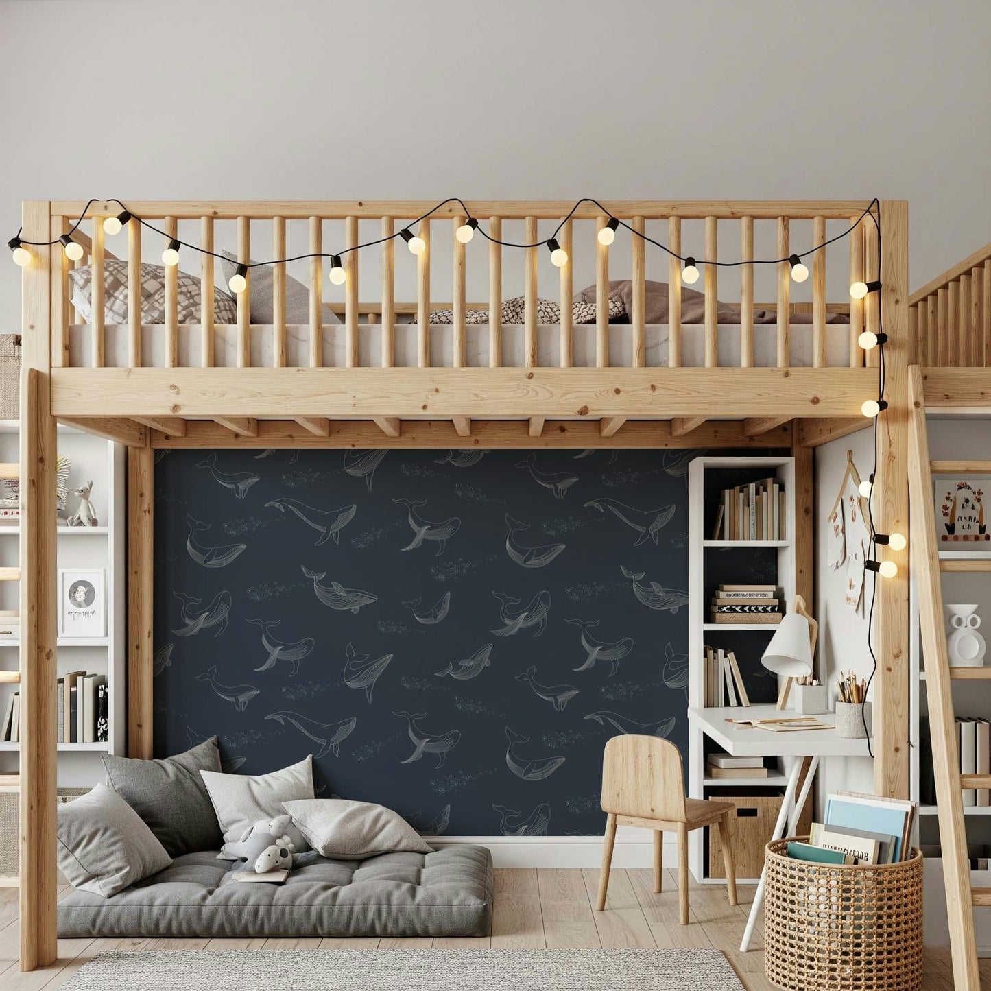 Nautical themed wall mural behind a grey sofa in an urban apartment.